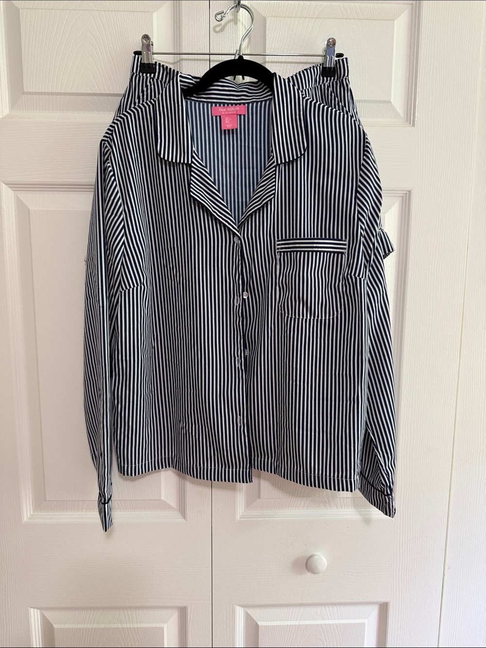 Isaac Mizrahi Black and White Striped Satin Pajama Top